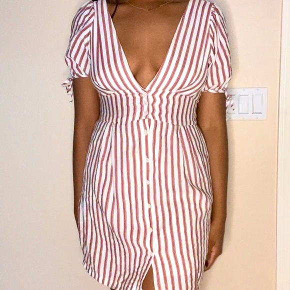 Coral pinstriped fitted V neck Midi Dress - Picture 2 of 3